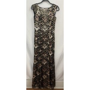 Cache Sequined Gown‎ Dress Black Gold Silver Womens Size 0 Full Length Formal